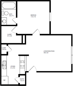 One Bedroom / One Bath - 542 Sq.Ft.*