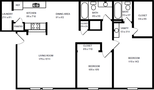 Two Bedroom / Two Bath - 1,008 Sq.Ft.*